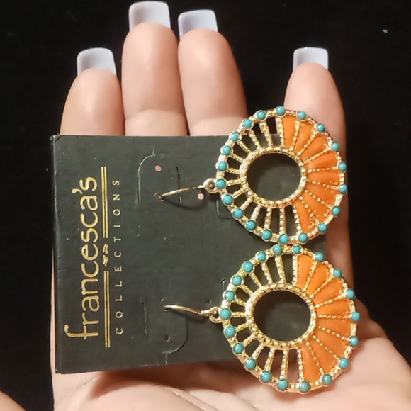 Francesca's earrings coral & turquoise enamel Navajo style pow wow - Picture 3 of 4